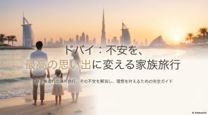 ドバイが「家族のための都市」であり、都市全体がテーマパークのようであることを説明するイメージスライド