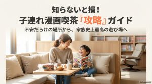 子連れ漫画喫茶攻略ガイドの表紙と、子供の騒音やルールへの不安、そして失敗しないための鉄則と裏ワザを紹介する導入スライド。