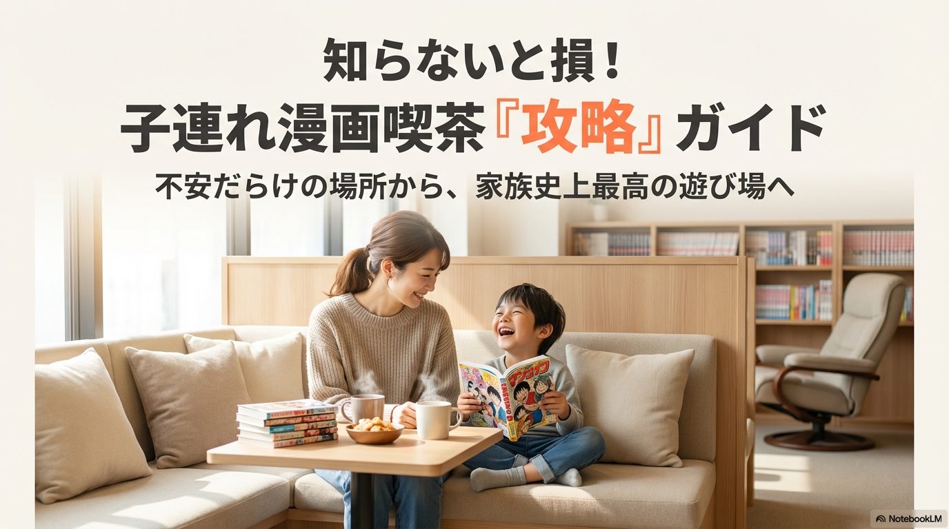 子連れ漫画喫茶攻略ガイドの表紙と、子供の騒音やルールへの不安、そして失敗しないための鉄則と裏ワザを紹介する導入スライド。