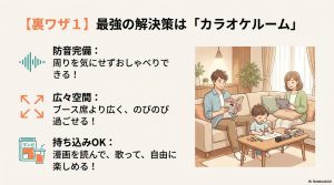 防音完備のカラオケルームで、周りを気にせず親子で読書や会話を楽しむ様子を描いたイラスト。