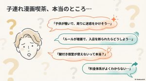漫画喫茶の鍵付き個室は条例により18歳未満は保護者同伴でも利用不可であることを示す、ドアにバツ印がついた解説画像。