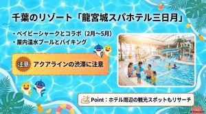 千葉県木更津市の龍宮城スパホテル三日月とベイビーシャークコラボ、プール、バイキングの紹介
